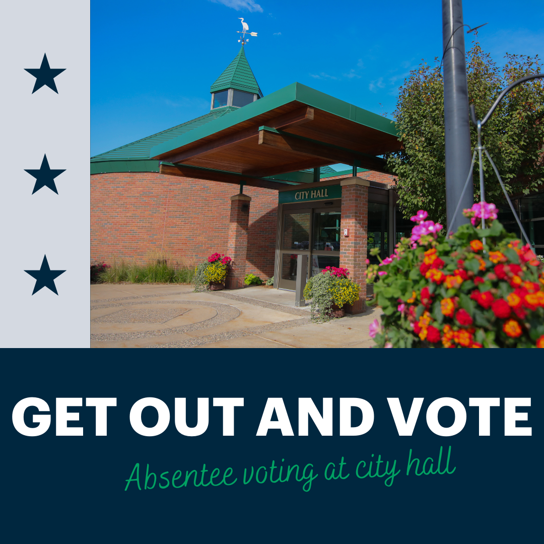 Photo of Lino Lakes City Hall with text stating that Absentee Voting is open