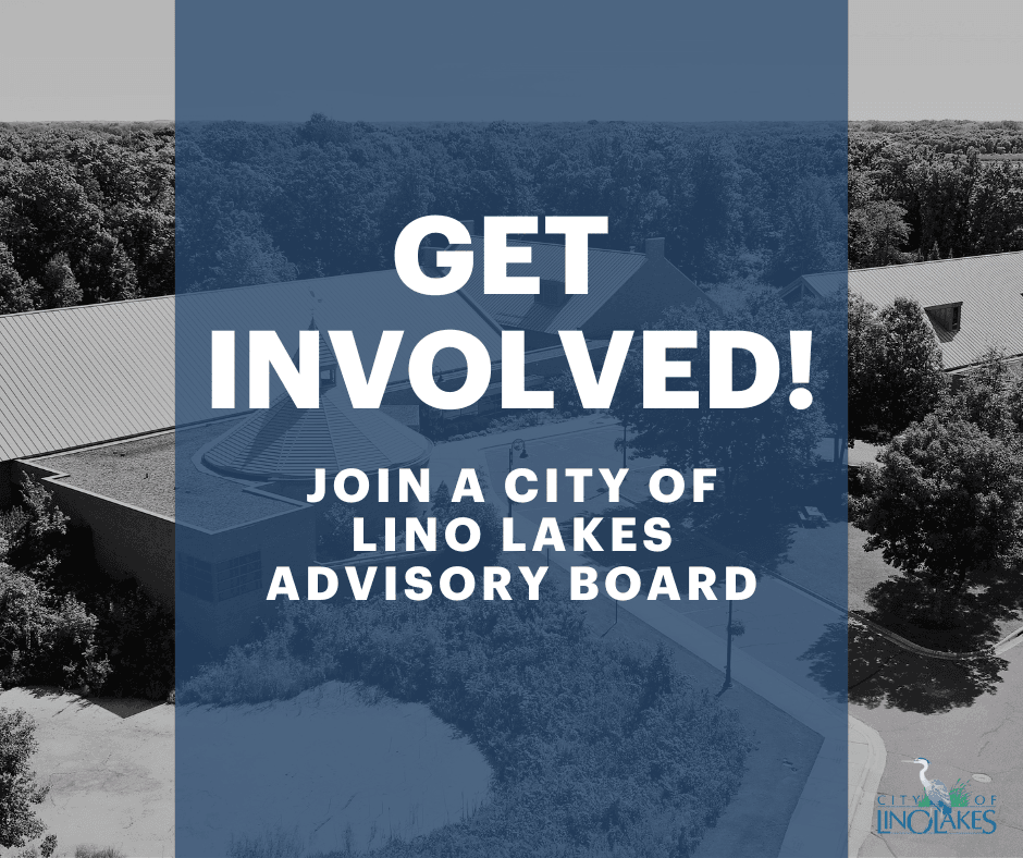 Photo of Lino Lakes City Hall with text stating to join an advisory board