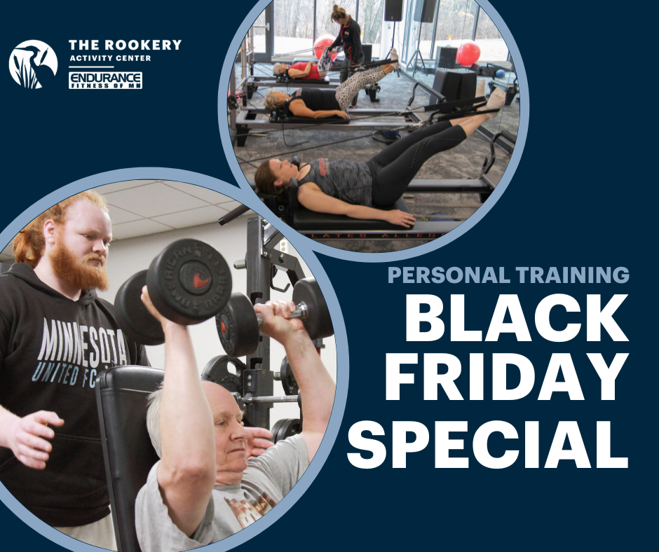 Images of man lifting weights with a personal trainer, and women using a pilates reformer. 