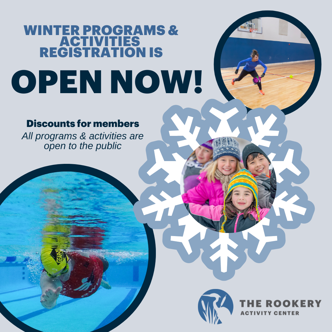 Test: Winter Program Registration Open - The Rookery Activity Center. Image of swimmer, pickleball