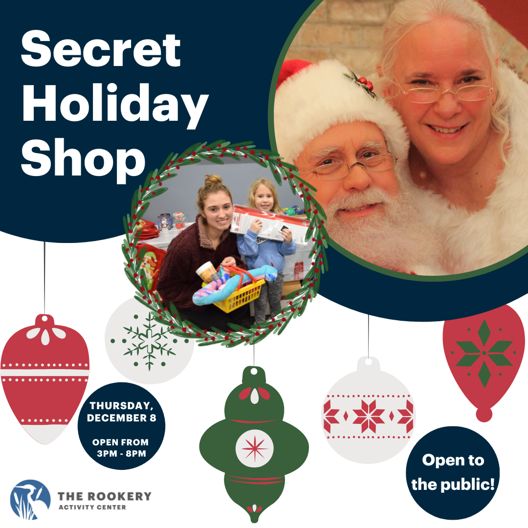 Text: Secret Holiday Shop, Thursday December 8th 3:00pm - 8:00pm, photo of Santa and Mrs Claus