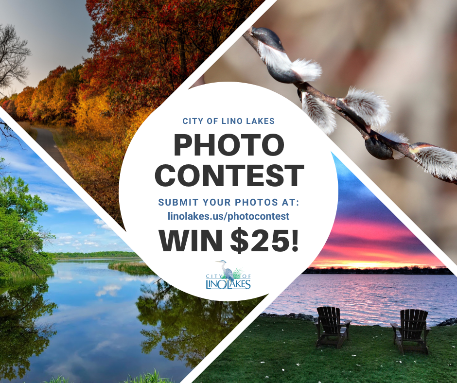 Scenic photos of Lino Lakes with text about photo contest