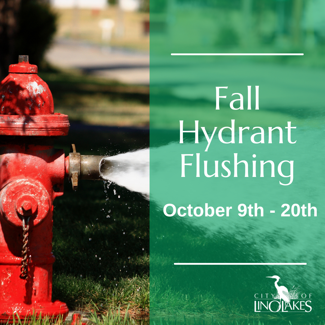 Photo of fire hydrant with text: Fire Hydrant Flushing October 9-20