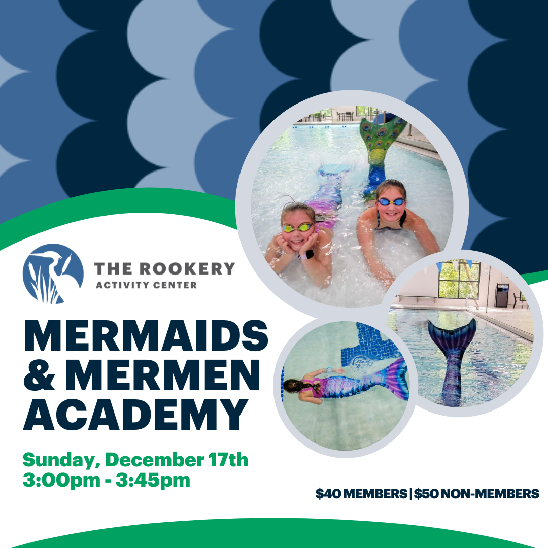 Photo of girls wearing mermaid tails and text: Mermaids and Mermen Academy