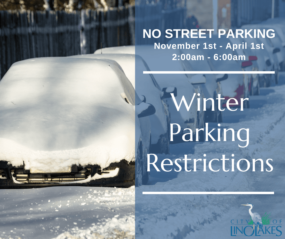 Snowy cars with text: No Street Parking between 2am & 6am November 1 - April 1