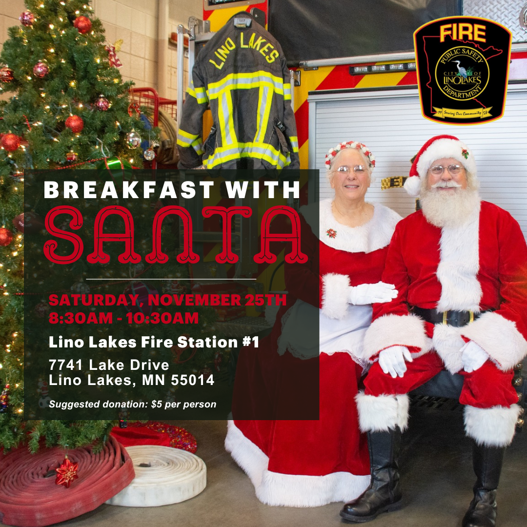 Photo of Santa and Mrs Claus with text: Breakfast with Santa Saturday, November 25th