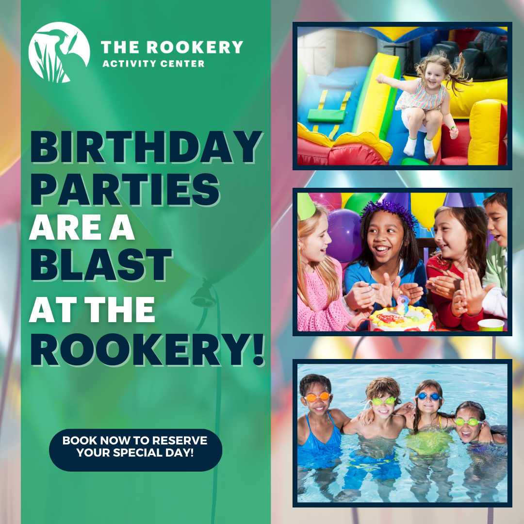 Photos of birthday parties with text: Birthday parties are a blast at the Rookery!