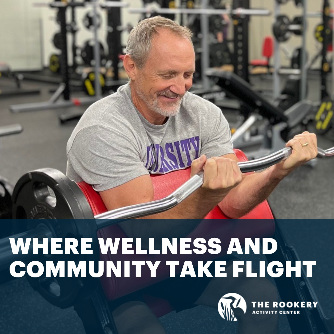 Photo of man working out in gym with text: Where Wellness and Community Take Flight