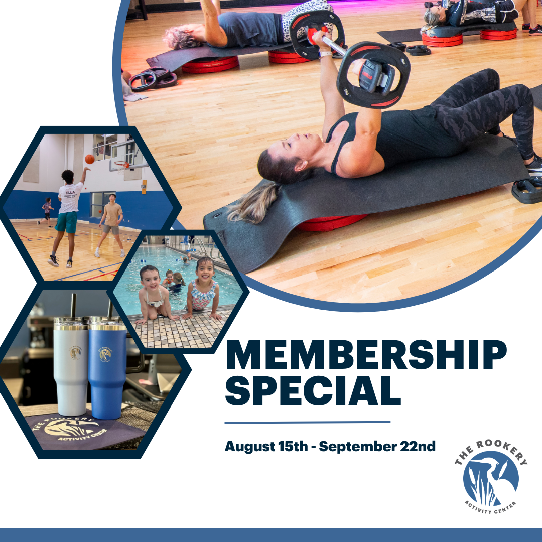 Photos of people working out and swimming with text: Membership Special