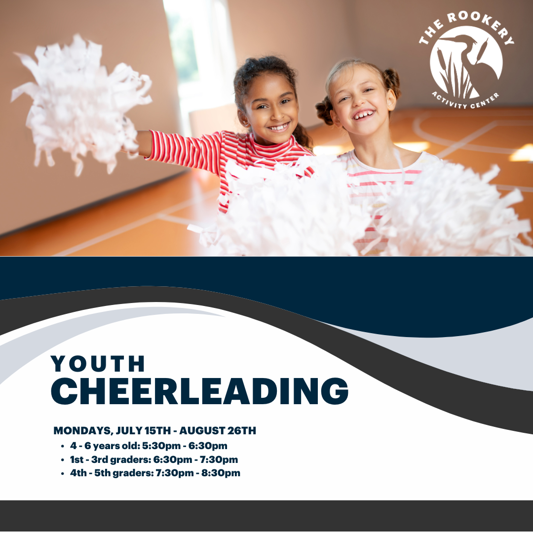 Girls with cheerleading pom poms with text: Youth Cheerleading