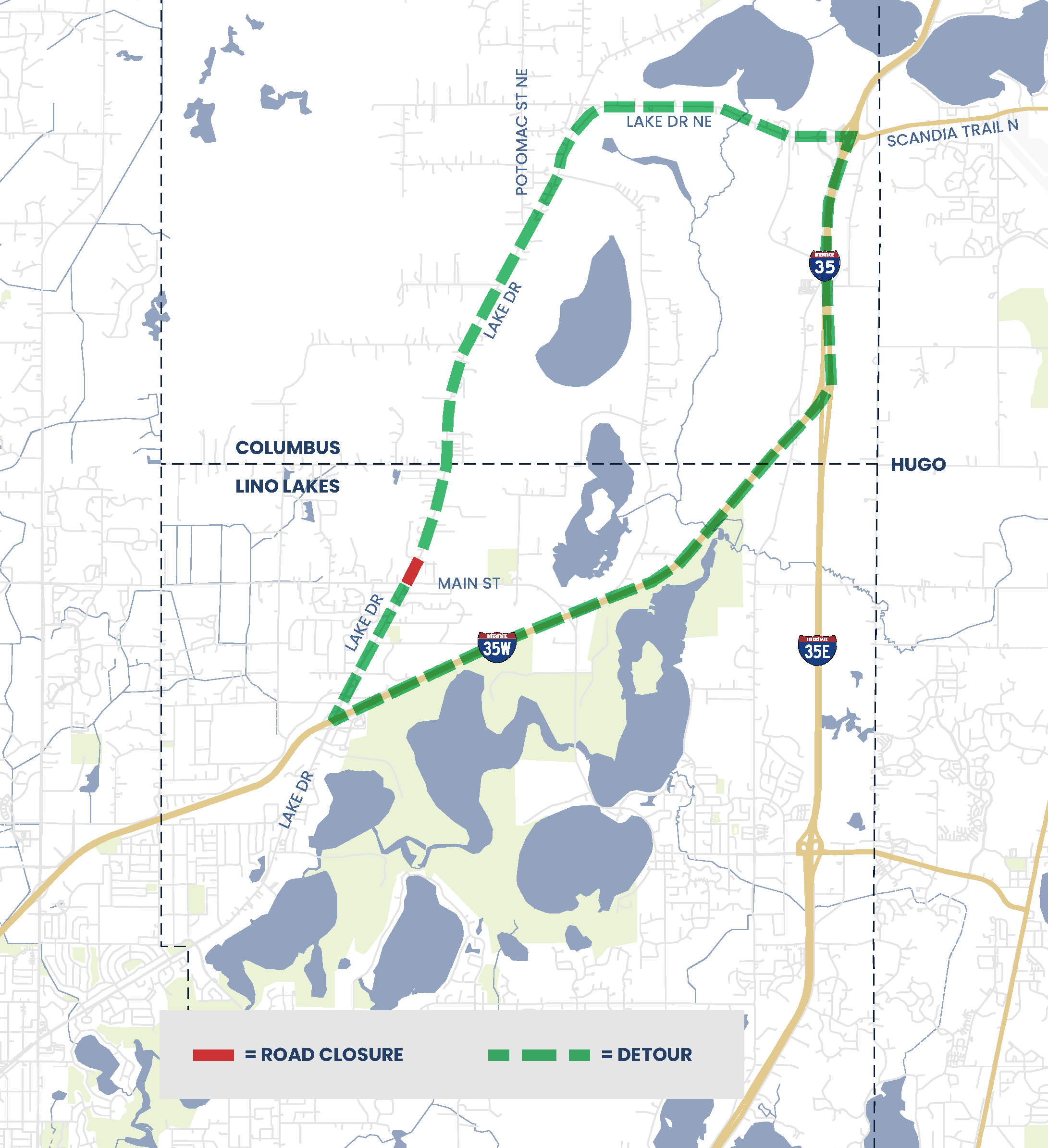Map of a road detour on Lake Drive