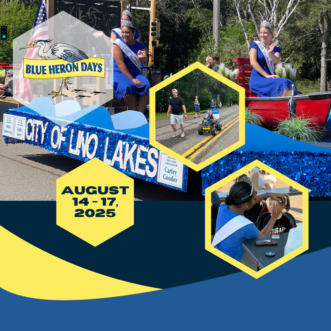 Photos of a parade with text: Blue Heron Days