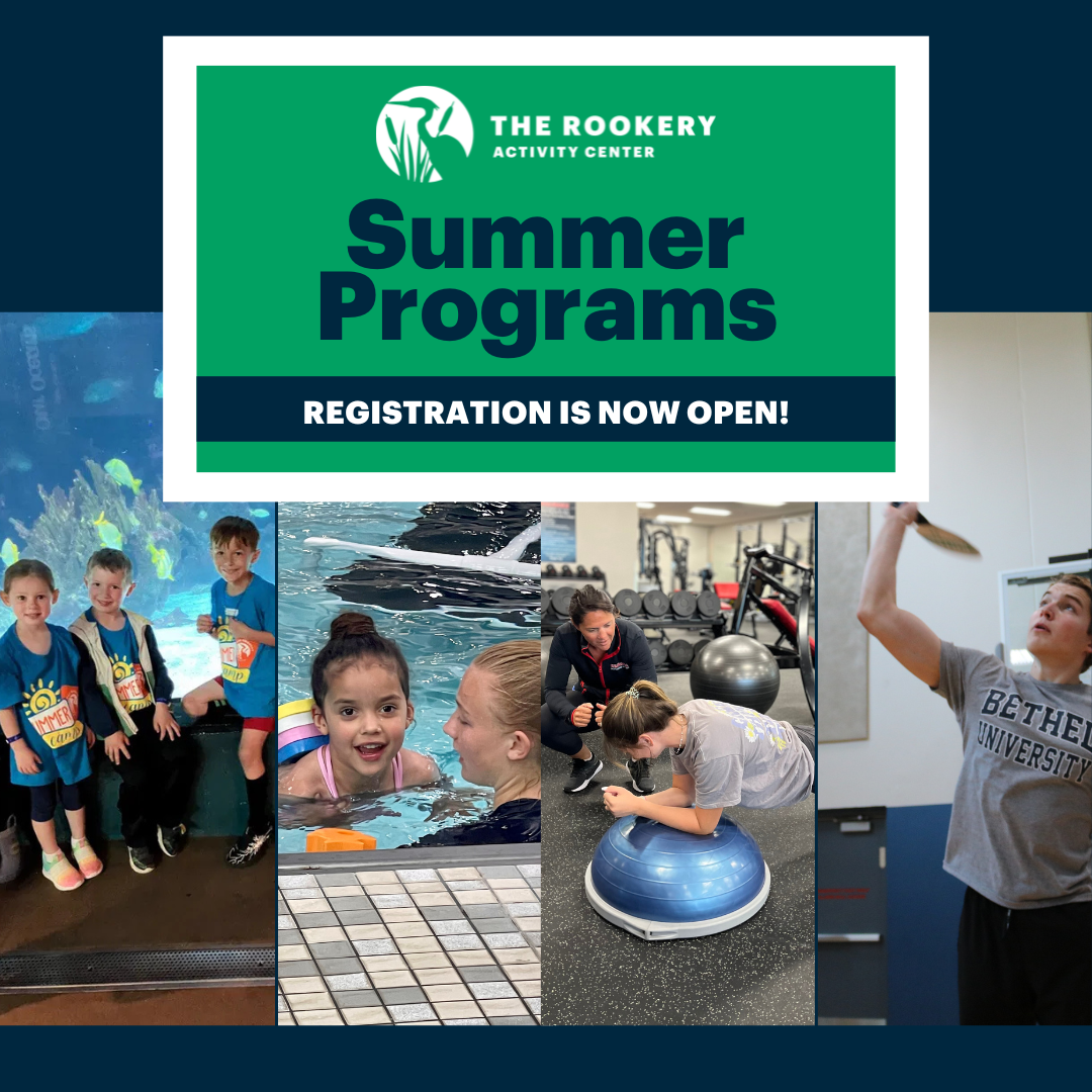 Photos of summer camp kids, girl swimming in pool, and people working out