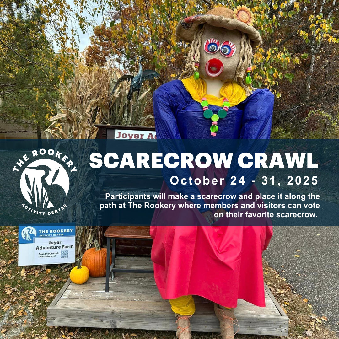 Photo of a scarecrow with text: Scarecrow Crawl