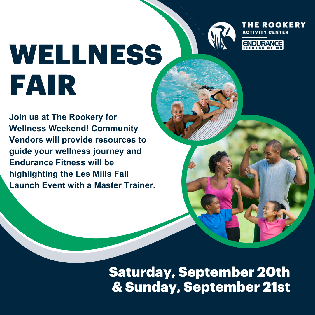 Photos of senior women swimming and a family exercising