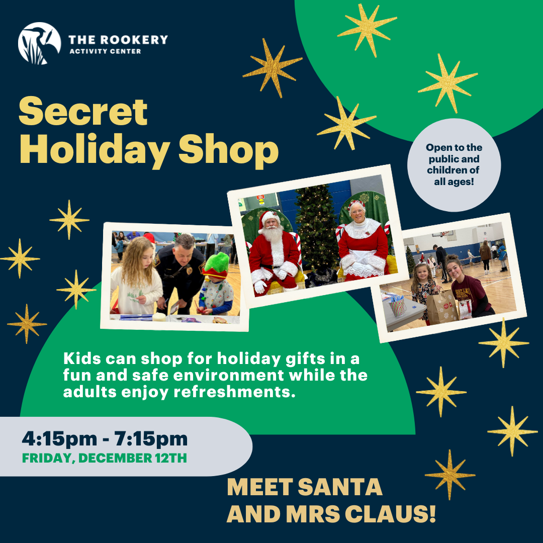 Photos of kids shopping, Santa, and text: Secret Holiday Shop